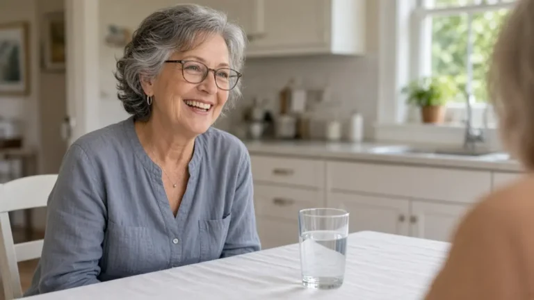 A woman with glasses talking at a kitchen table beside a glass of water