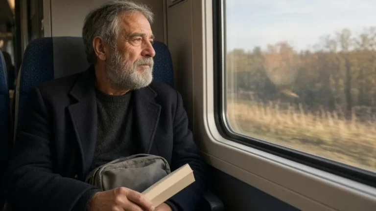 A man on a train with a book and a small gray pouch