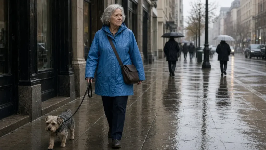 A woman in a blue raincoat walking a small dog on a wet sidewalk