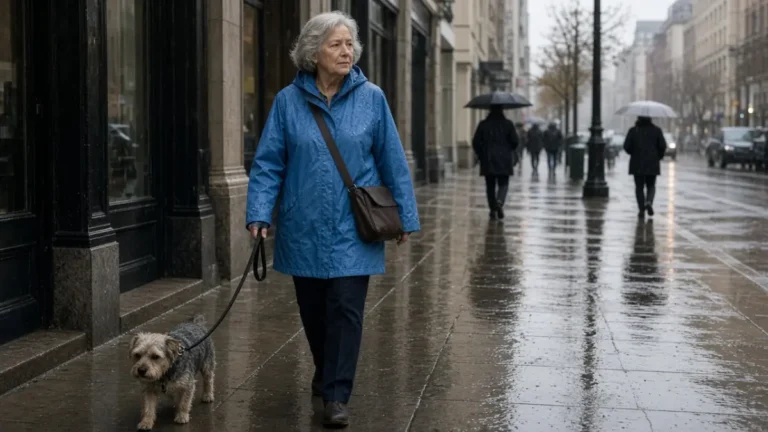 A woman in a blue raincoat walking a small dog on a wet sidewalk