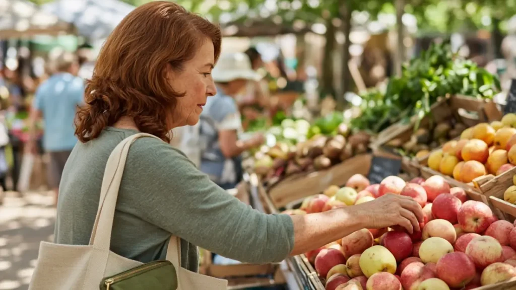 A woman choosing apples at a farmers market with a tote bag
