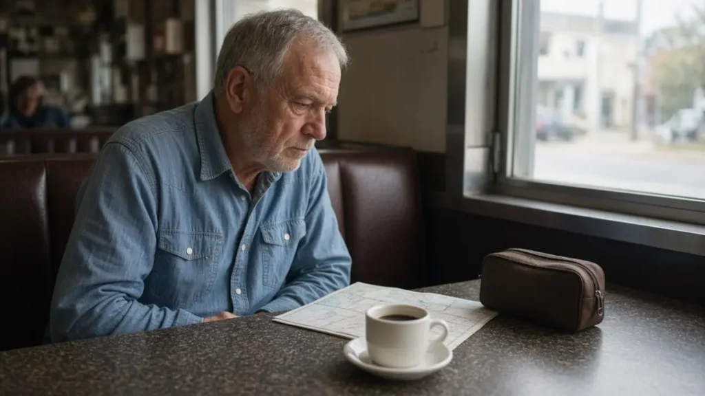 A man in a diner with coffee, a map, and a small pouch