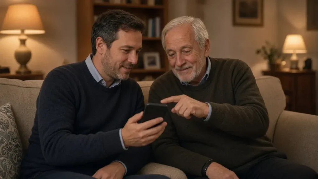 A father and adult son on a sofa looking at a phone