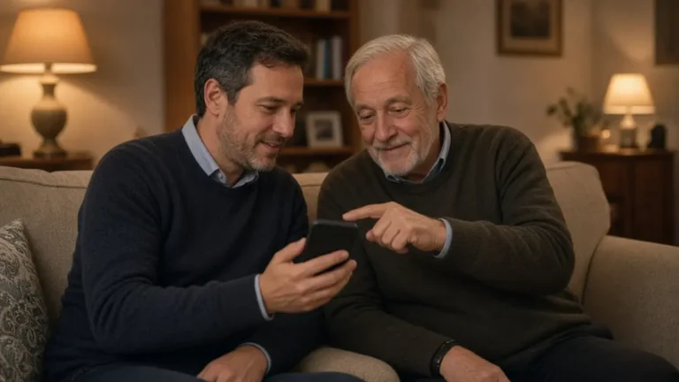 A father and adult son on a sofa looking at a phone