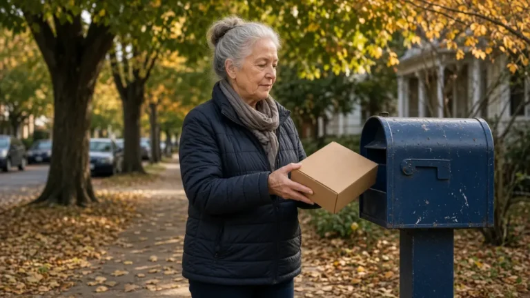 A woman putting a small kraft box into a street mailbox