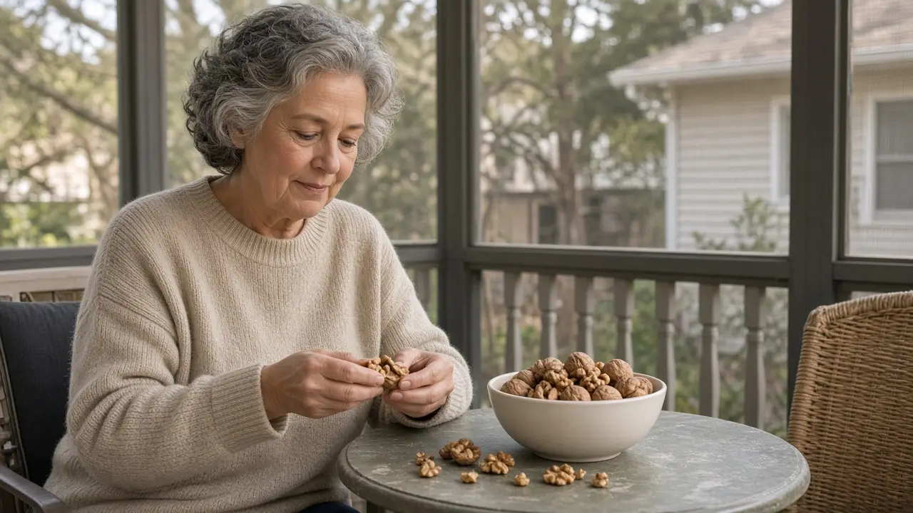 A woman about 64 sits at a screened-porch table shelling walnuts into a bowl.