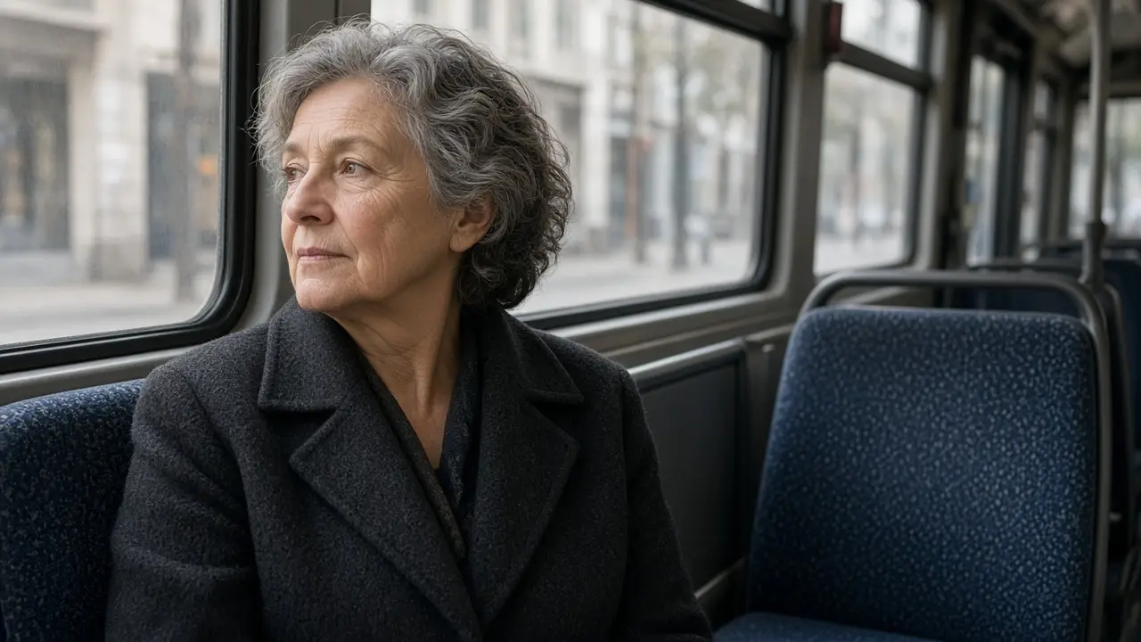 A woman about 66 sits by a bus window in a wool coat.
