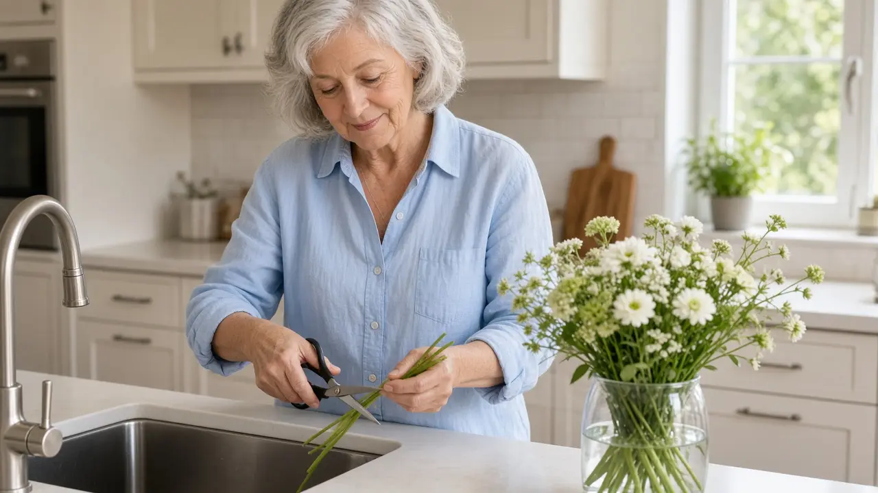 A woman about 73 trims flower stems at a kitchen sink.
