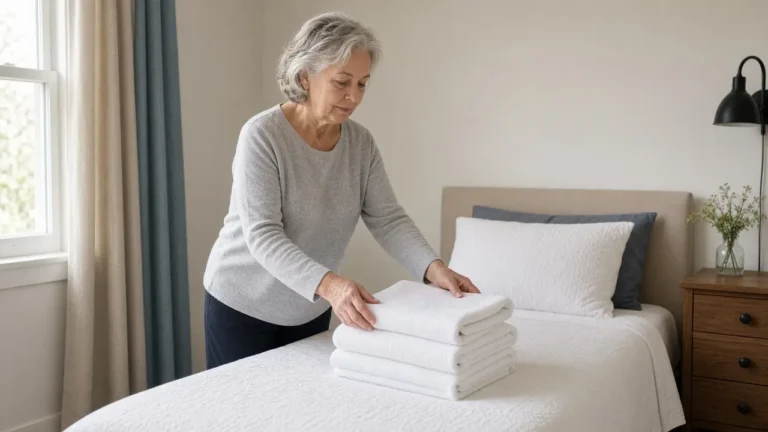 A woman in her mid-sixties folds plain white towels on a made guest bed.