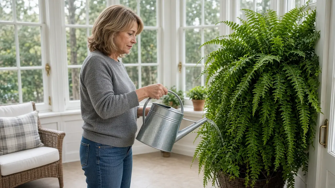 A woman in her mid-fifties waters a large fern in a sunroom.