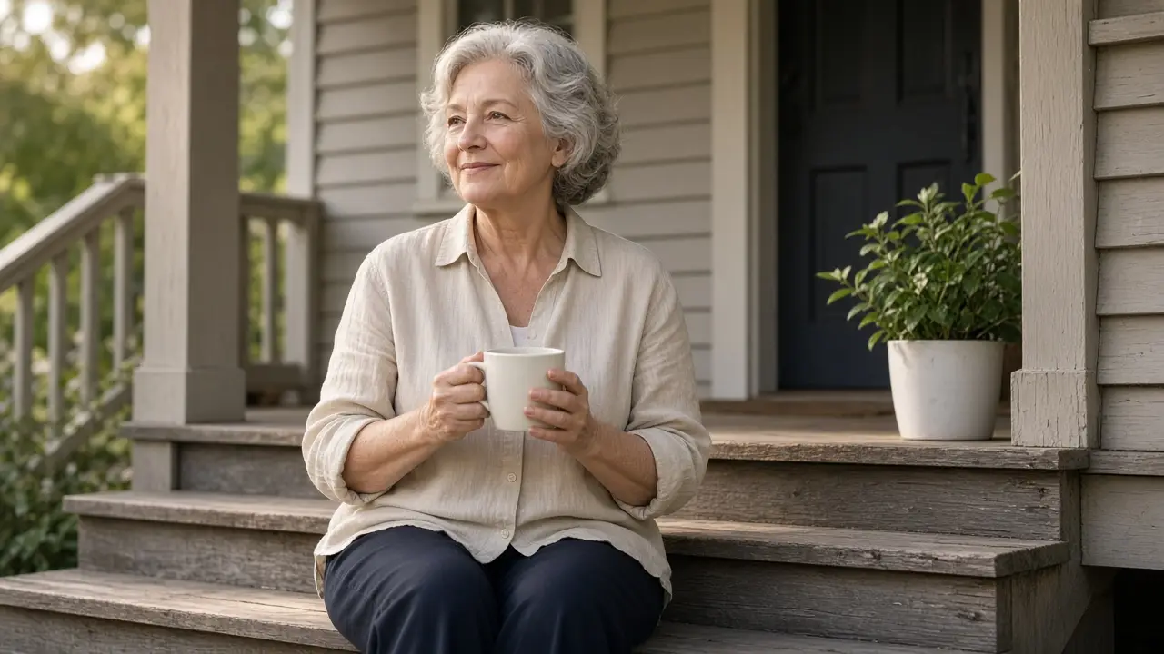 A woman in her early seventies sits on a front-porch step holding a plain mug.