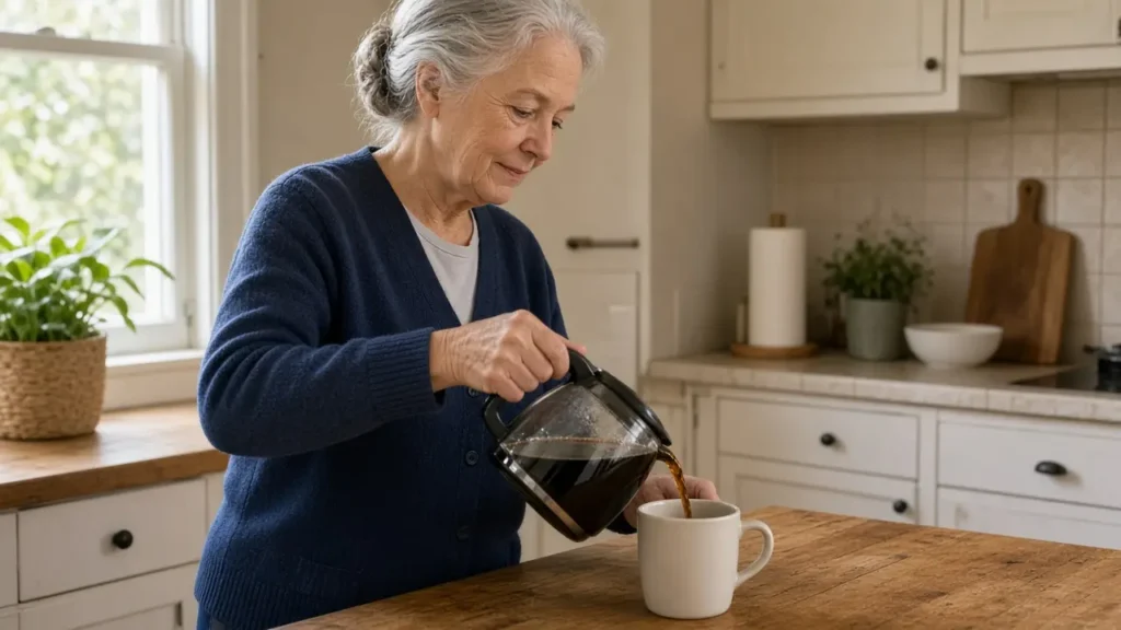 A woman in a navy cardigan pours coffee at a kitchen counter in the morning.