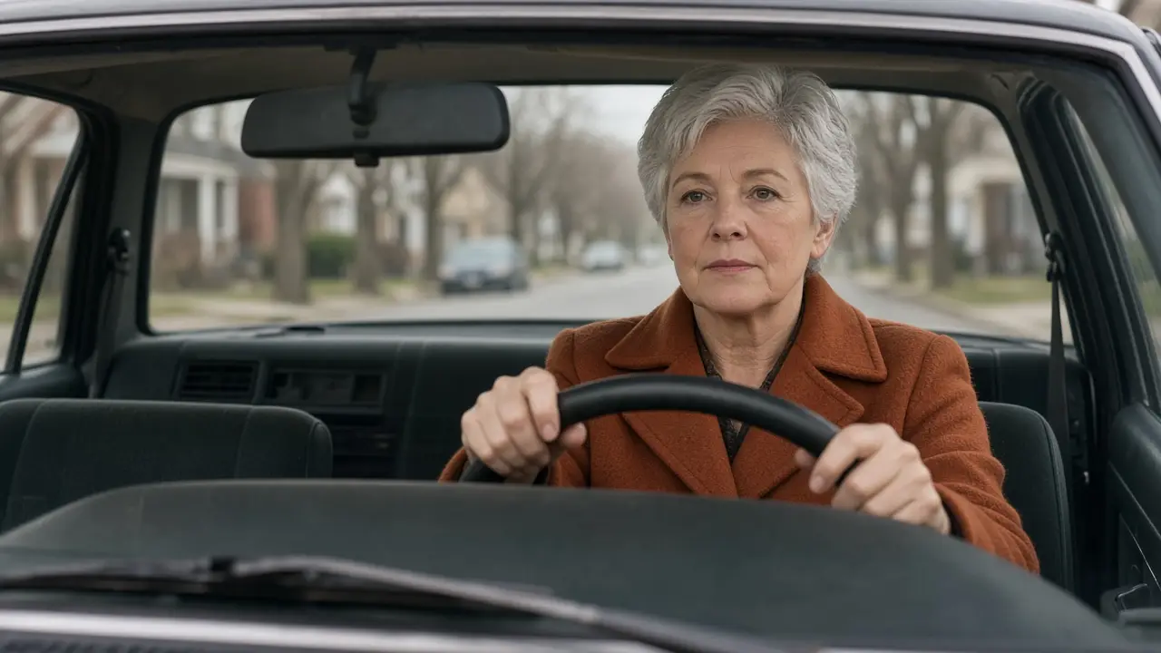 A woman in a rust-colored coat sits in the driver's seat of a parked sedan.