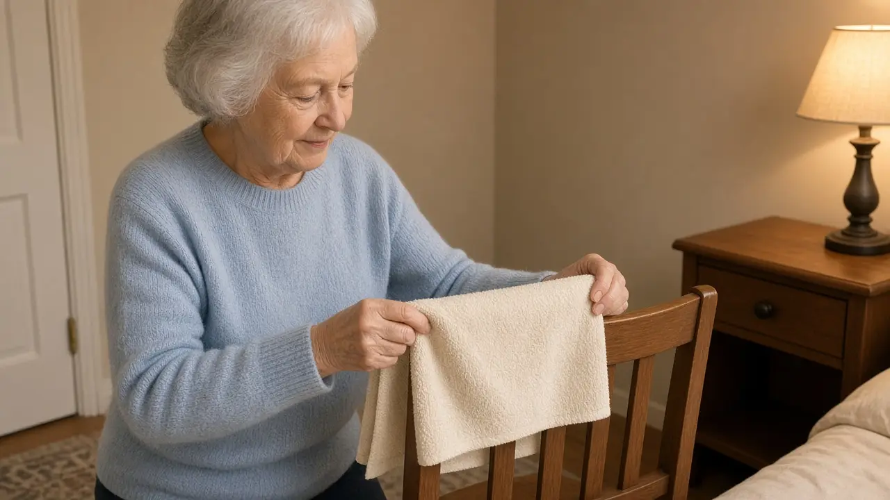 A woman with white hair folds a plain towel beside a bedroom chair.