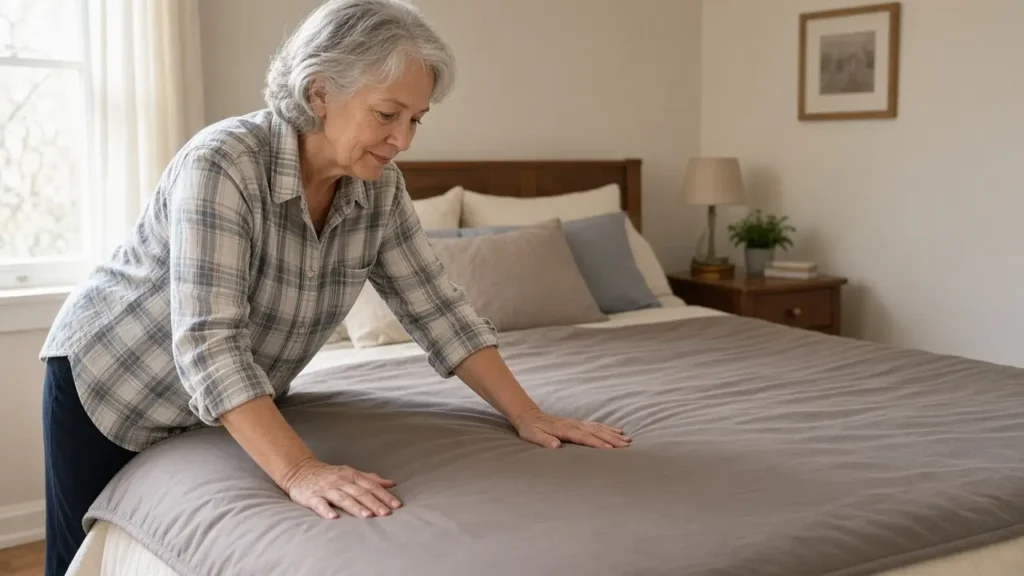 A woman in her mid-sixties smooths a plain quilt over a bed in the morning.