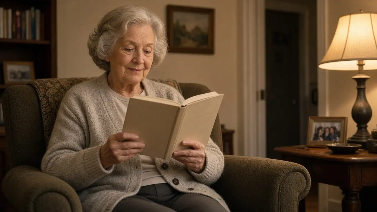 A woman in her early seventies sits in an armchair with a book turned away from the camera.
