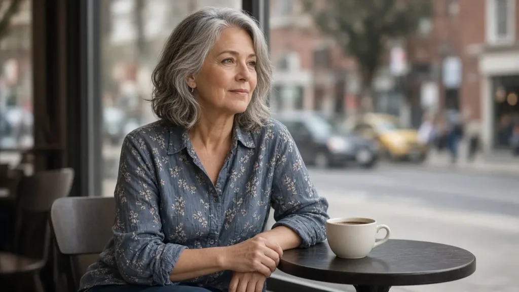 A woman about sixty-four sits at a cafe table with a plain cup.