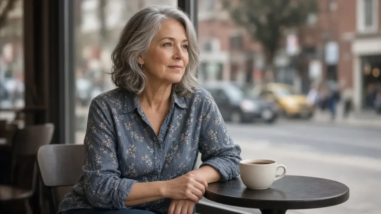 A woman about sixty-four sits at a cafe table with a plain cup.