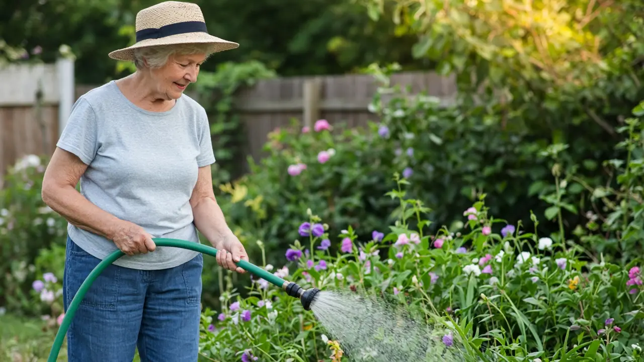 A woman about seventy waters a backyard garden with a hose.