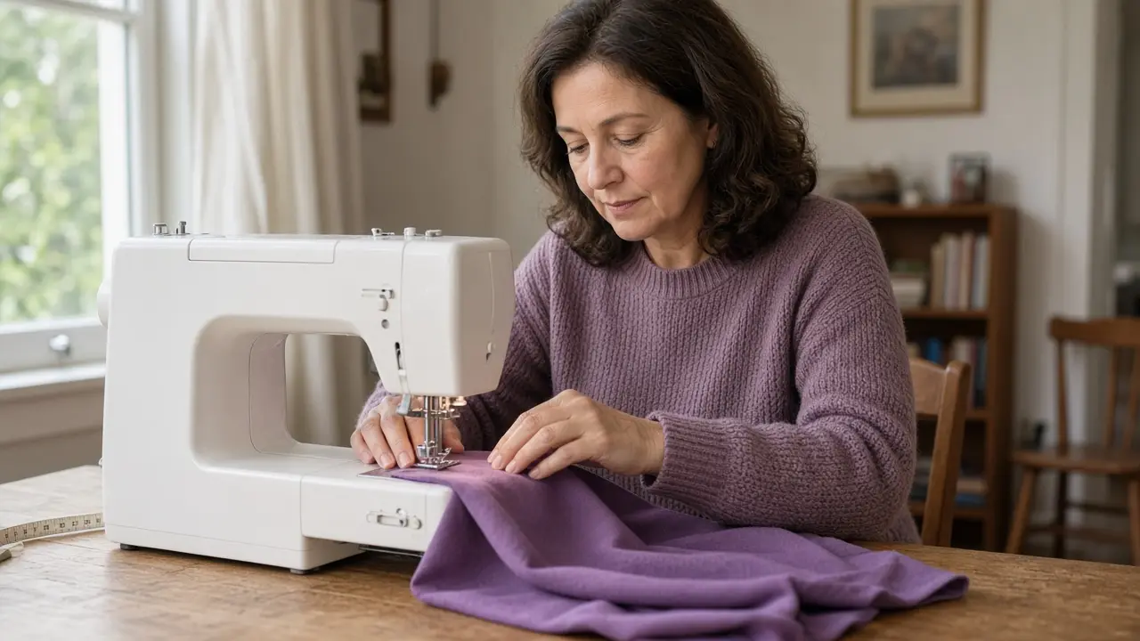 A woman about fifty-six works at a sewing machine by a window.