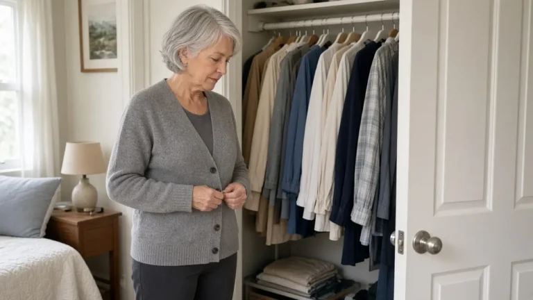 A woman about 66 buttons a cardigan in front of an open closet.