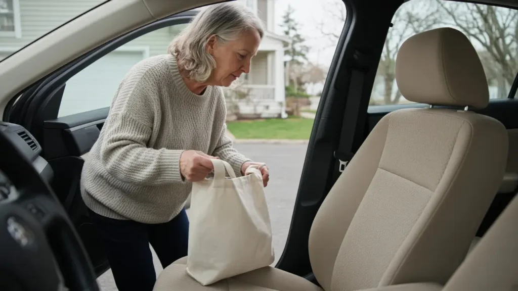 A woman about sixty-four sets a small canvas bag on a car seat.