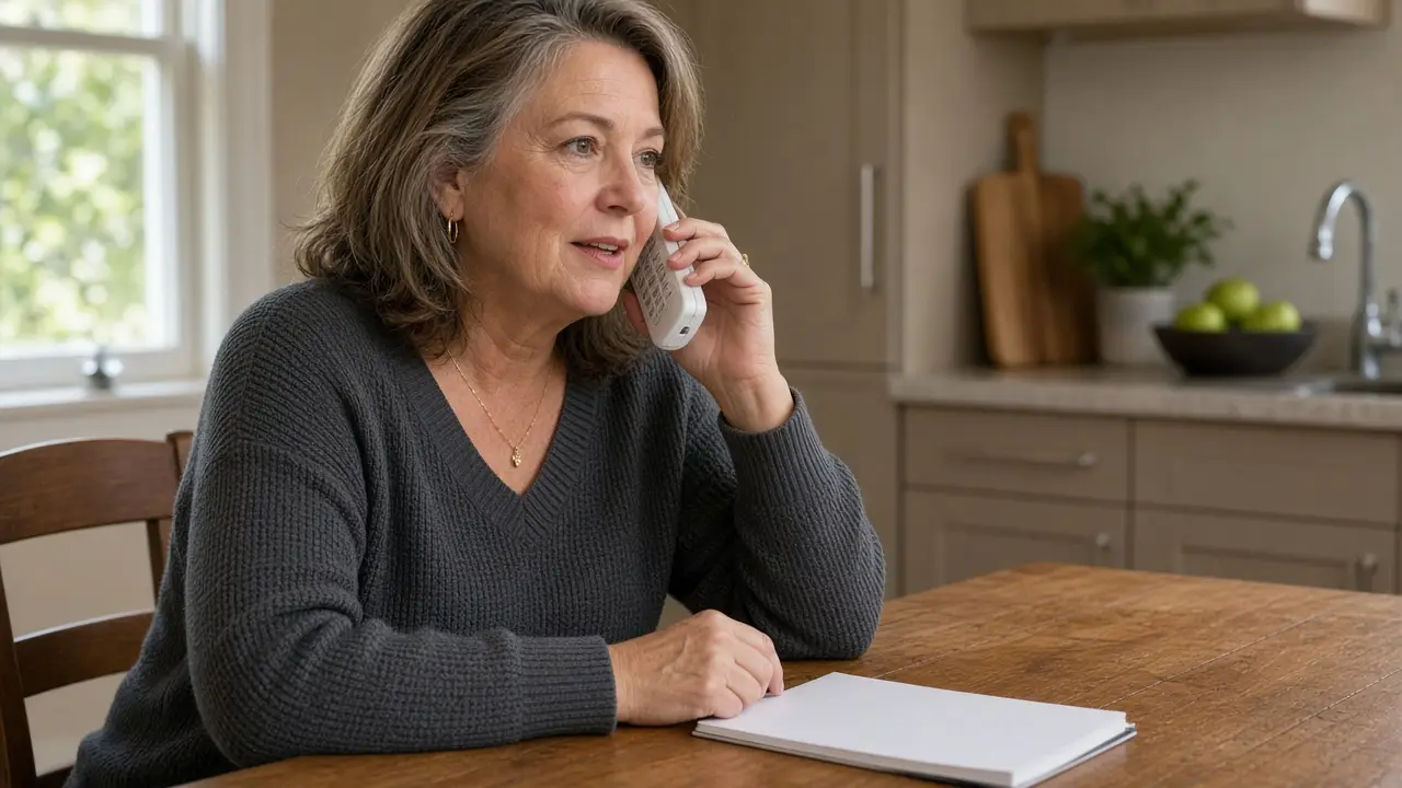 A woman about fifty-eight talks on a phone at a kitchen table.