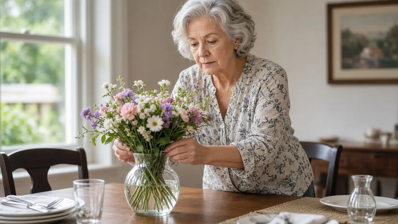 A woman about seventy arranges cut flowers in a glass vase.