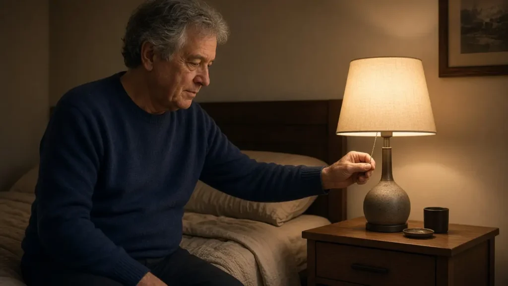 A man about 69 switches off a bedside lamp.