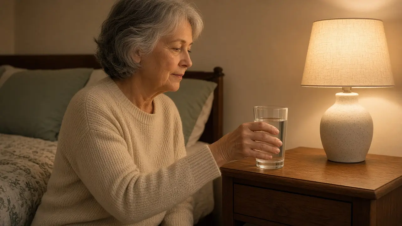 A woman about 64 sets a glass of water on a nightstand.