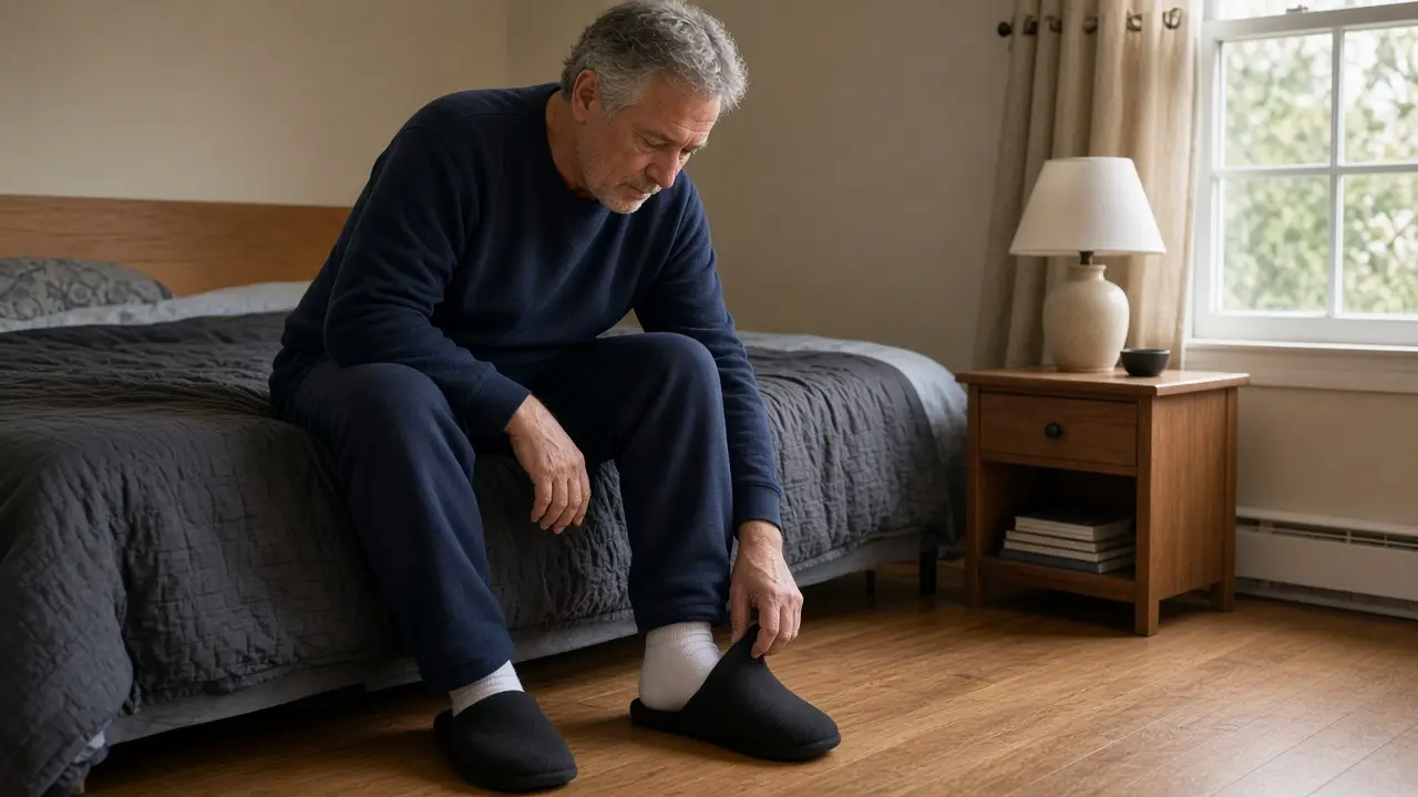 A man about 57 puts on slippers at the edge of a bed.
