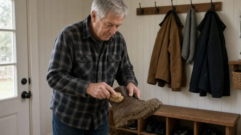 A man about 67 brushes dried mud off a plain boot in a mudroom.