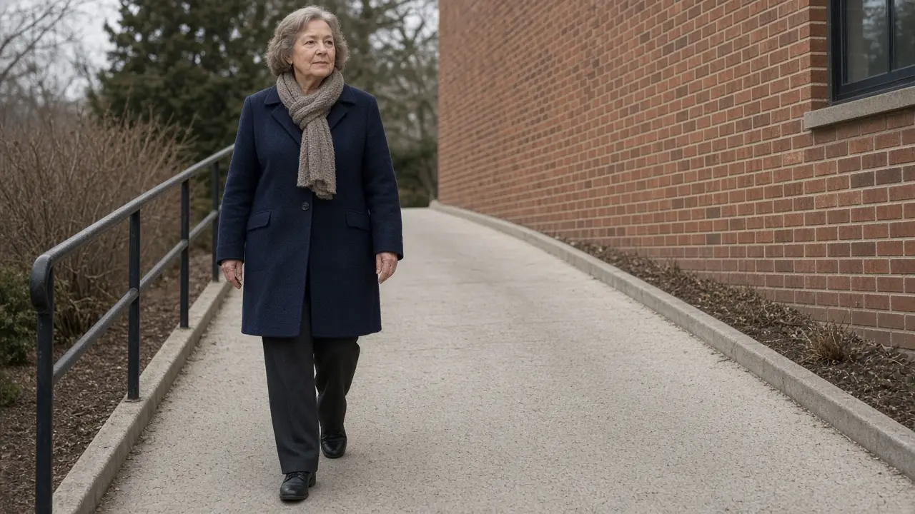 A woman about 72 walks a gentle outdoor ramp beside a brick building.