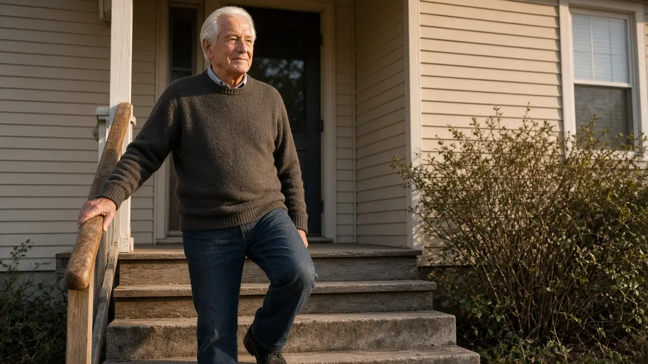 A man about 74 holds a wooden stair rail, one foot on the step.