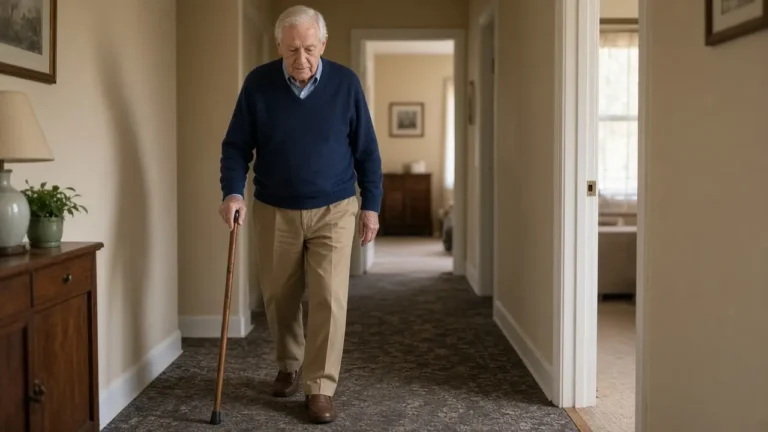 A man about 77 walks a hallway with a plain wooden cane.