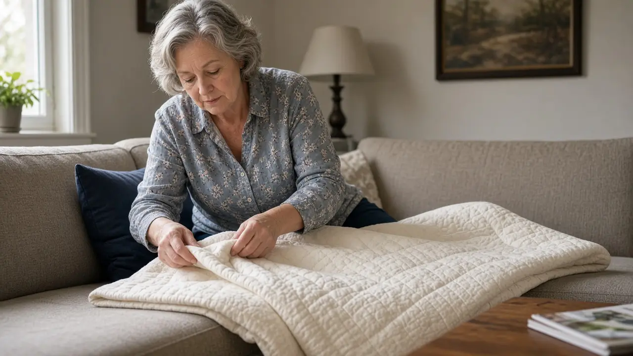 A woman about 63 folds a quilt on a couch.