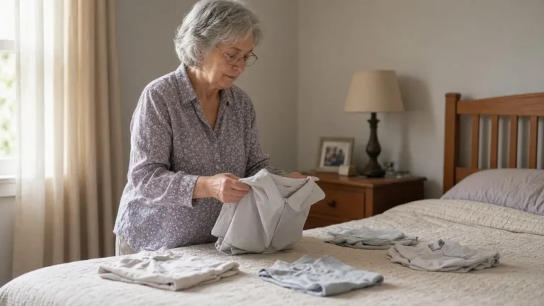 A woman about 63 folds shirts on a bed.