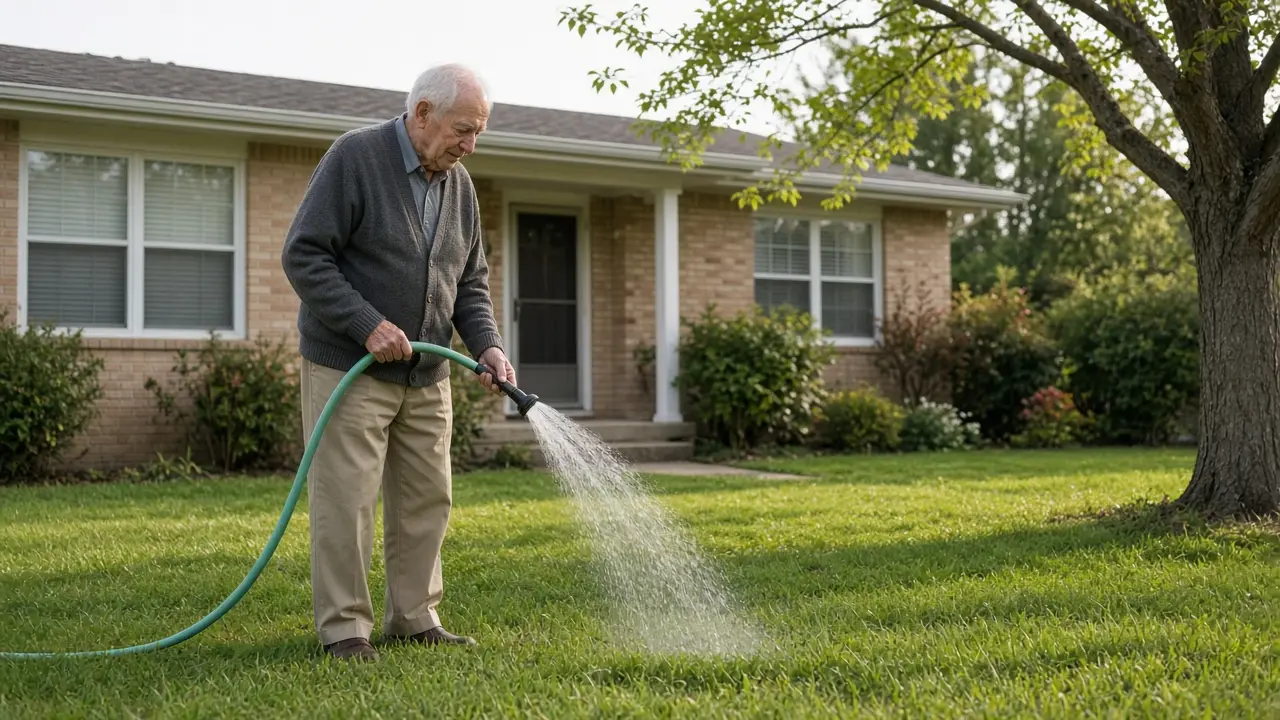 A man about 75 waters a front lawn.