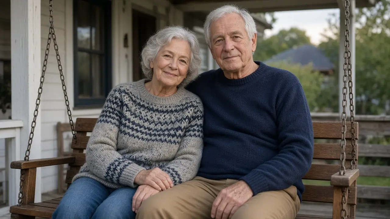 A woman about 68 and a man about 70 sit on a porch swing.