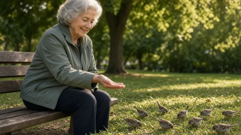 A woman in her late sixties sits on a park bench and scatters seed for sparrows.
