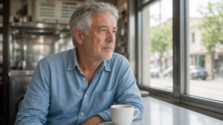A man about 68 sits at a diner counter with a plain cup of coffee.