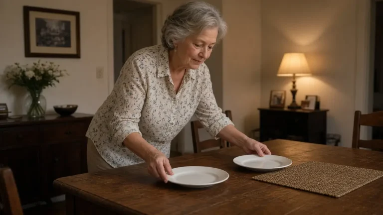A woman about 69 sets plates on a dining table.