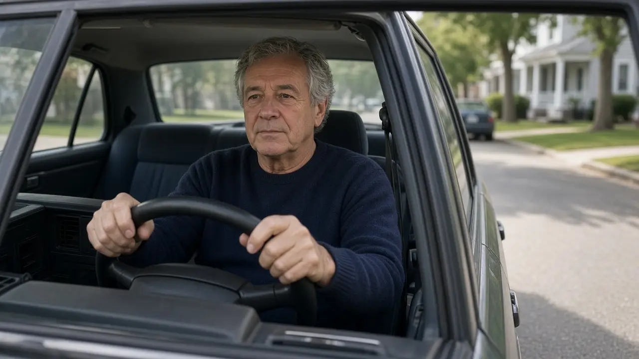 A man about 64 sits in the driver's seat of a parked car.