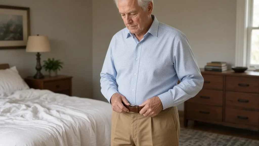 A man about 70 fastens a belt over his trousers in a bedroom.