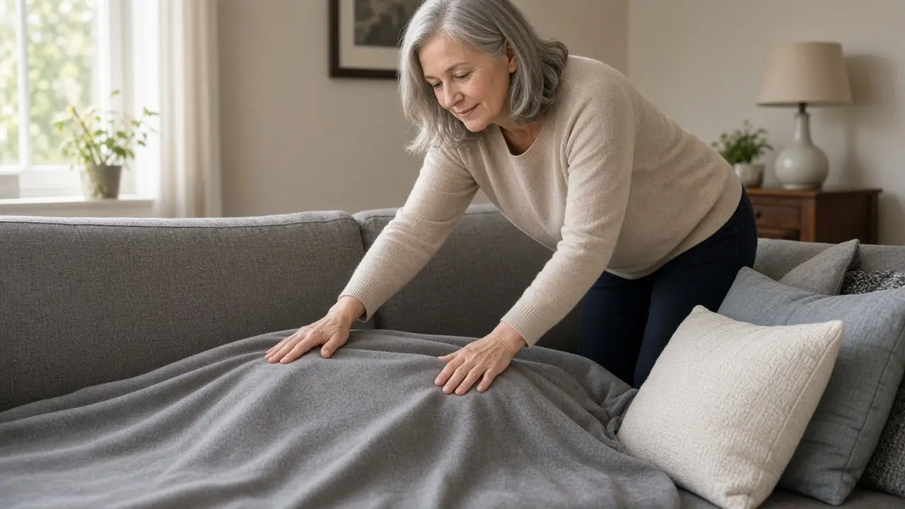 A woman about 63 smooths a blanket across a couch.