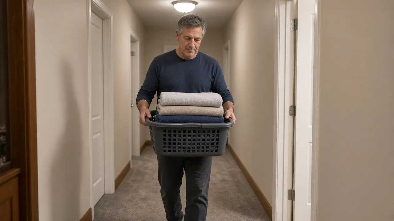 A man about 56 carries a laundry basket of towels down a hallway.