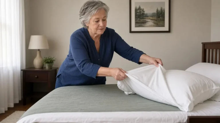 A woman about 68 pulls a pillowcase onto a guest-room pillow.