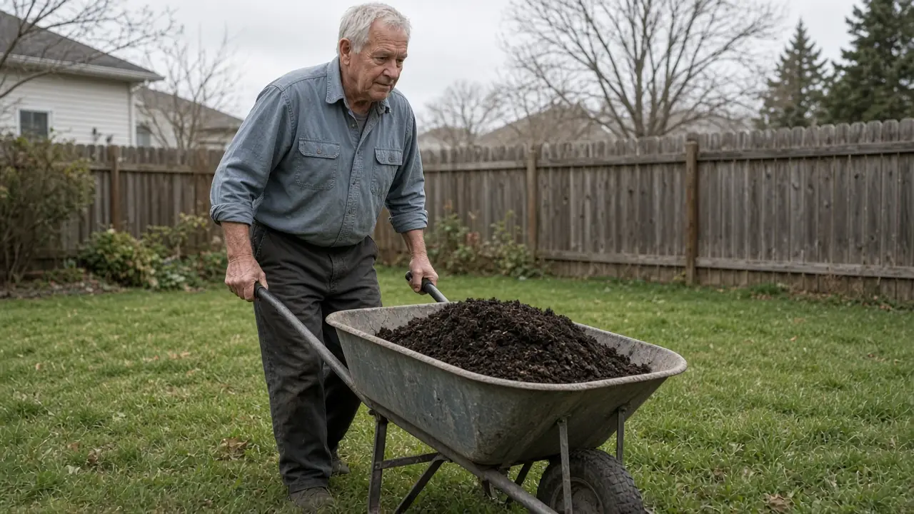 A man about 69 pushes a wheelbarrow of mulch across a yard.