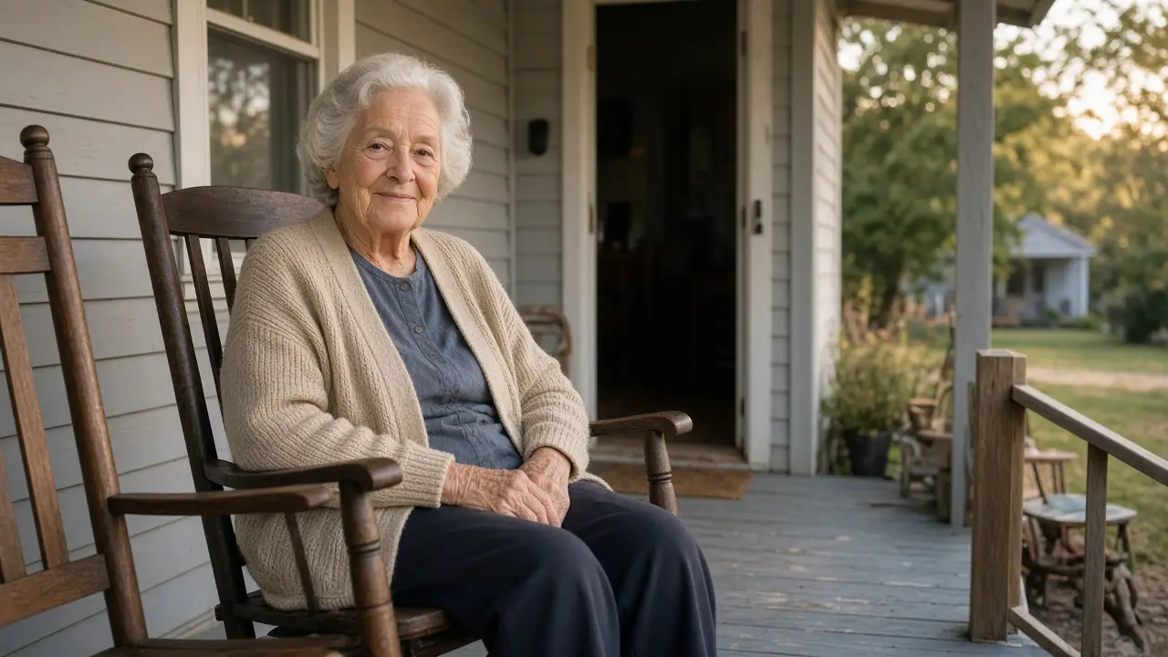 A woman about 75 sits in a porch rocking chair with empty hands.