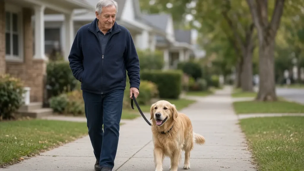 A man about sixty-eight walks a golden retriever on a suburban sidewalk.